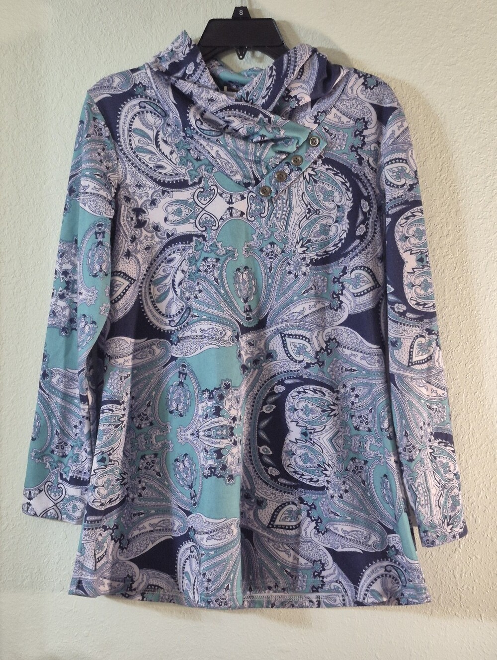 Paisley Button-Neck Tunic Hoodie in Teal & Navy